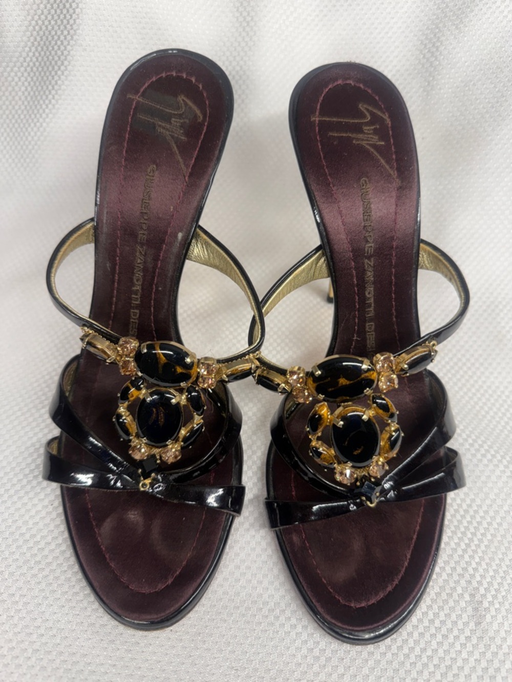 Giuseppe Zanotti Black Patent Heeled Sandals with Gold & Black Crystal Accents